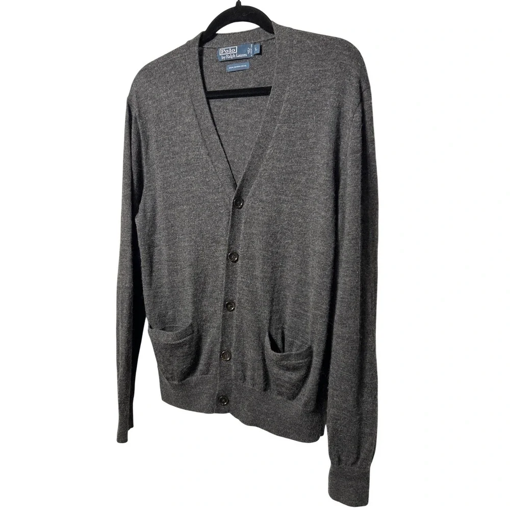 Polo Ralph Lauren Mens Merino Wool Cardigan‎ Sweater Gray V-Neck Button Front L